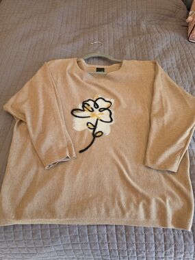 Women’s Beige Floral Appliqué Sweater 3/4 Sleeves